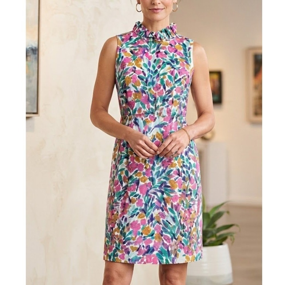Tyler Boe Floral Ruffle Neck Sleeveless Dress Pink Blue Multi 2 Linen Blend